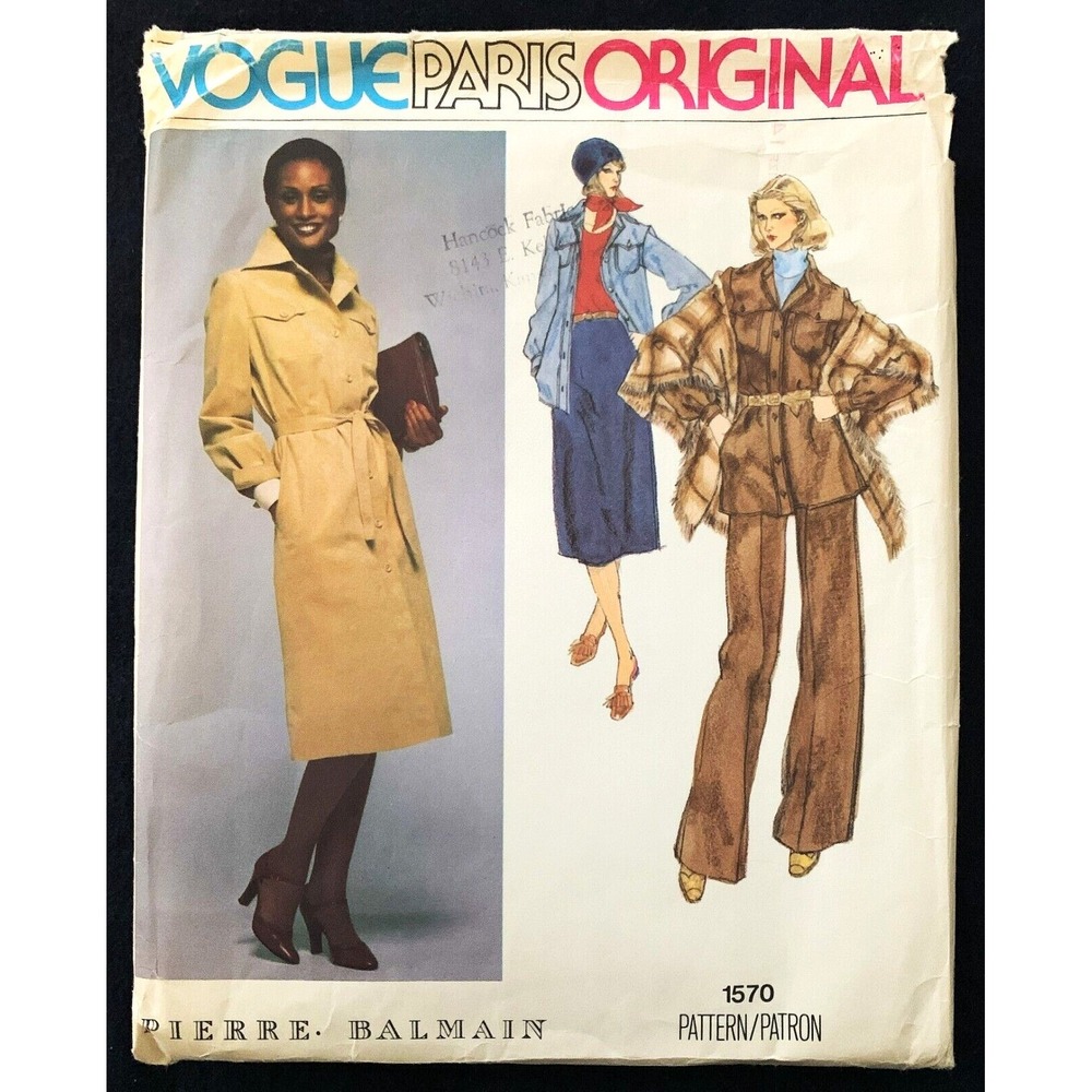 Vogue Paris PIERRE BALMAIN 1570 5pc Pattern 70s Trench Dress Pant Set 36"B-14 UC